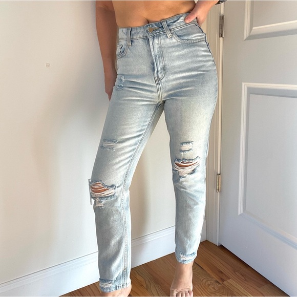 Primark Denim - High Waist Straight Leg Ripped Bleached Blue Jeans